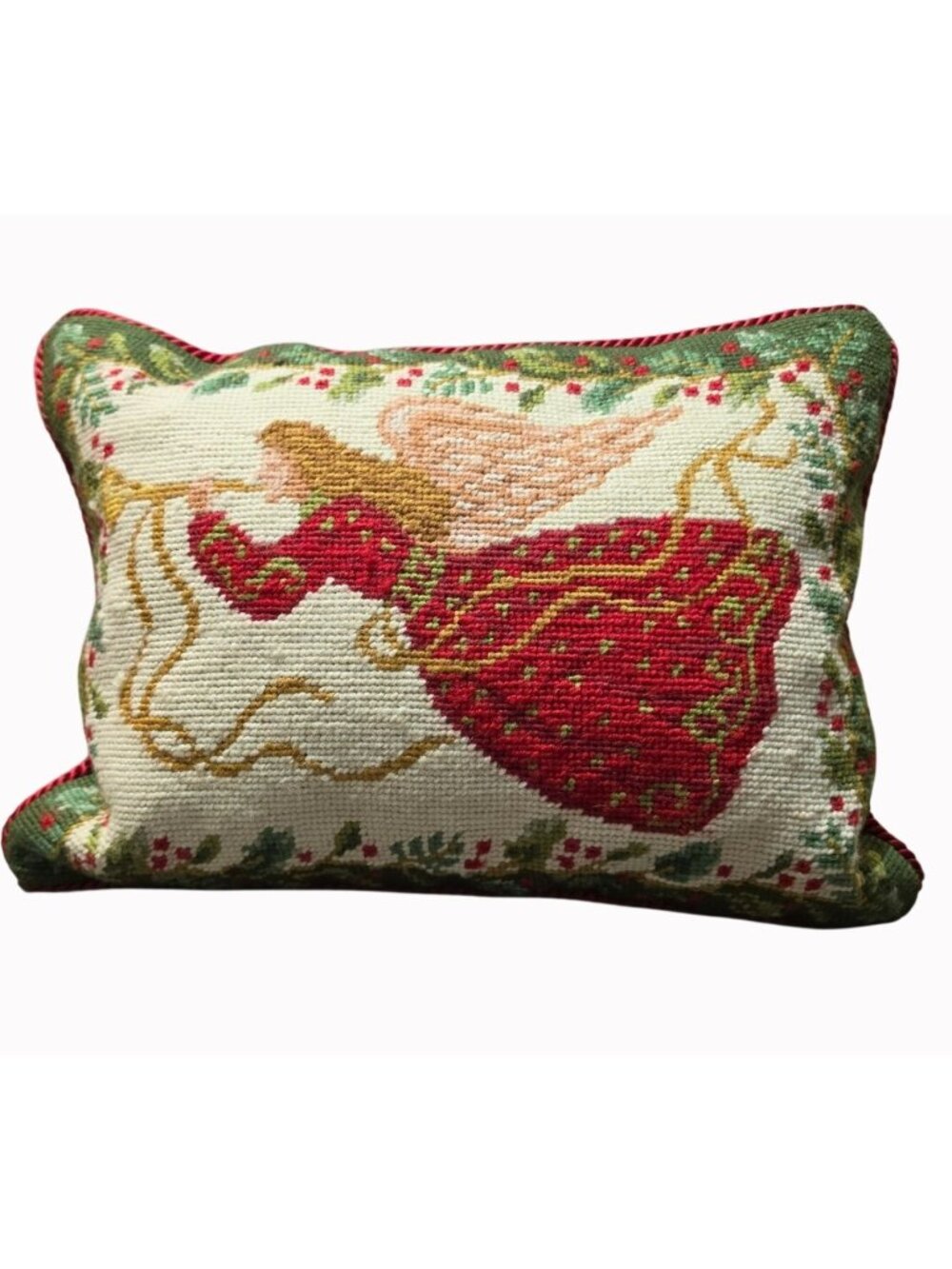 Vtg Colonial Williamsburg Christmas Angel Needlepoint Pillow Grandmillennial 14"